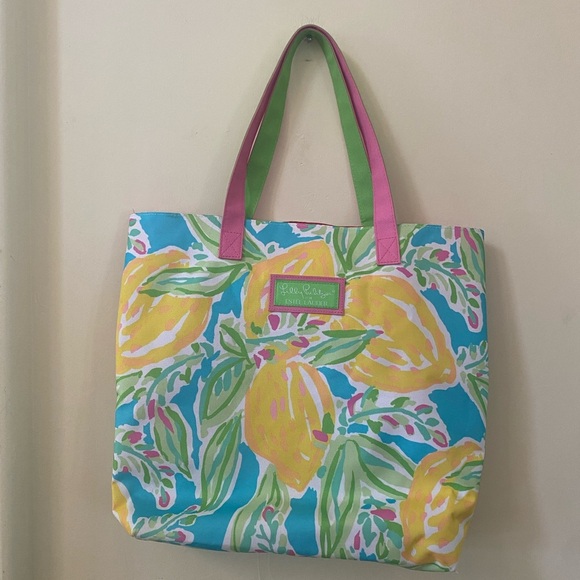 Lilly Pulitzer × Estée Lauder Lemon Canvas Tote Bright Citrus Painted Print - Picture 2 of 5